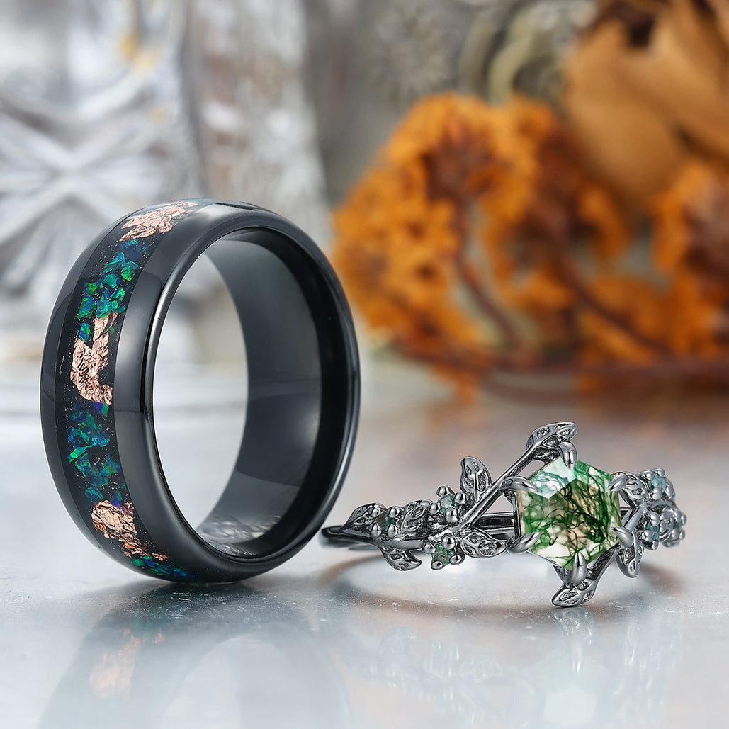 Moss Agate Couples Ring Set 925 Sterling Silver And Blue Tungsten Matching Ring