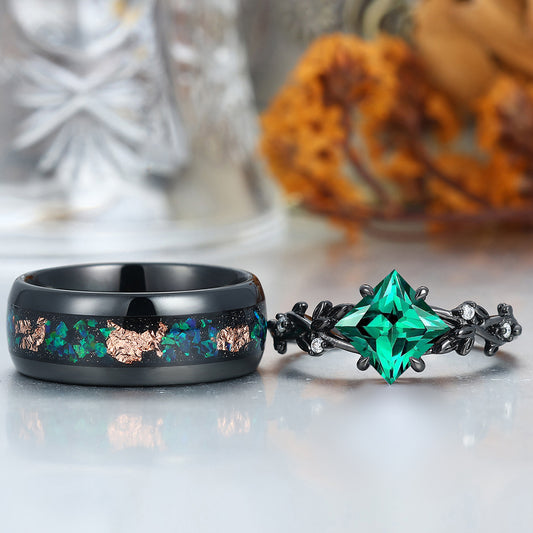 Alternative Emerald Curved Branch His And Hers Wedding Bands Green Tungsten Promise Rings For Couples