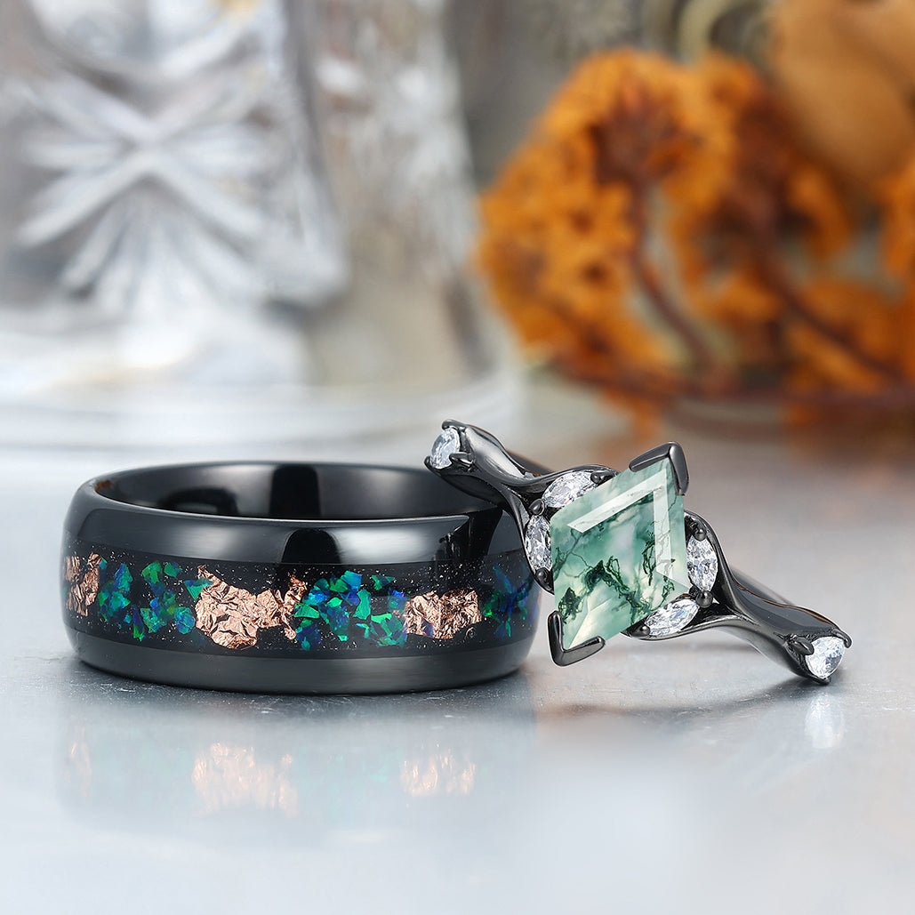 Art Deco Natural Moss Agate Engagement Couples Rings Matching Green Gemstone Hammered Tungsten Matching Rings for Couples