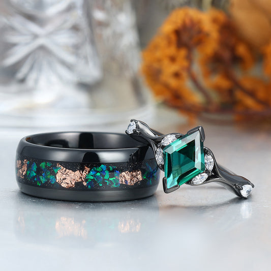 Art Deco Emerald Engagement Couples Rings Matching Green Gemstone Hammered Tungsten Matching Rings for Couples
