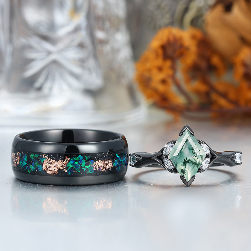 Art Deco Natural Moss Agate Engagement Couples Rings Matching Green Gemstone Hammered Tungsten Matching Rings for Couples