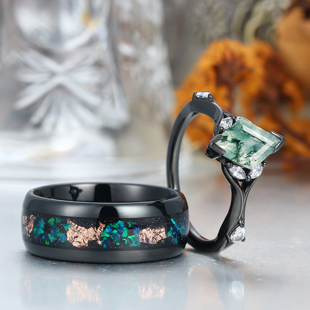 Art Deco Natural Moss Agate Engagement Couples Rings Matching Green Gemstone Hammered Tungsten Matching Rings for Couples