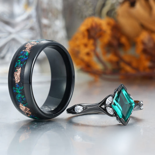 Art Deco Emerald Engagement Couples Rings Matching Green Gemstone Hammered Tungsten Matching Rings for Couples