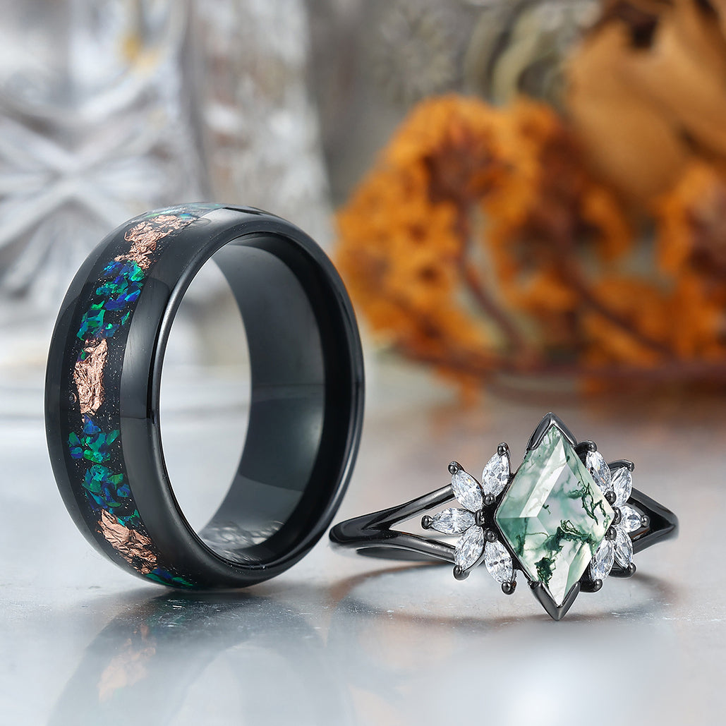 Romantic Moss Agate Engagement Couple Rings Set Promise Black Tungsten Wedding Ring Set