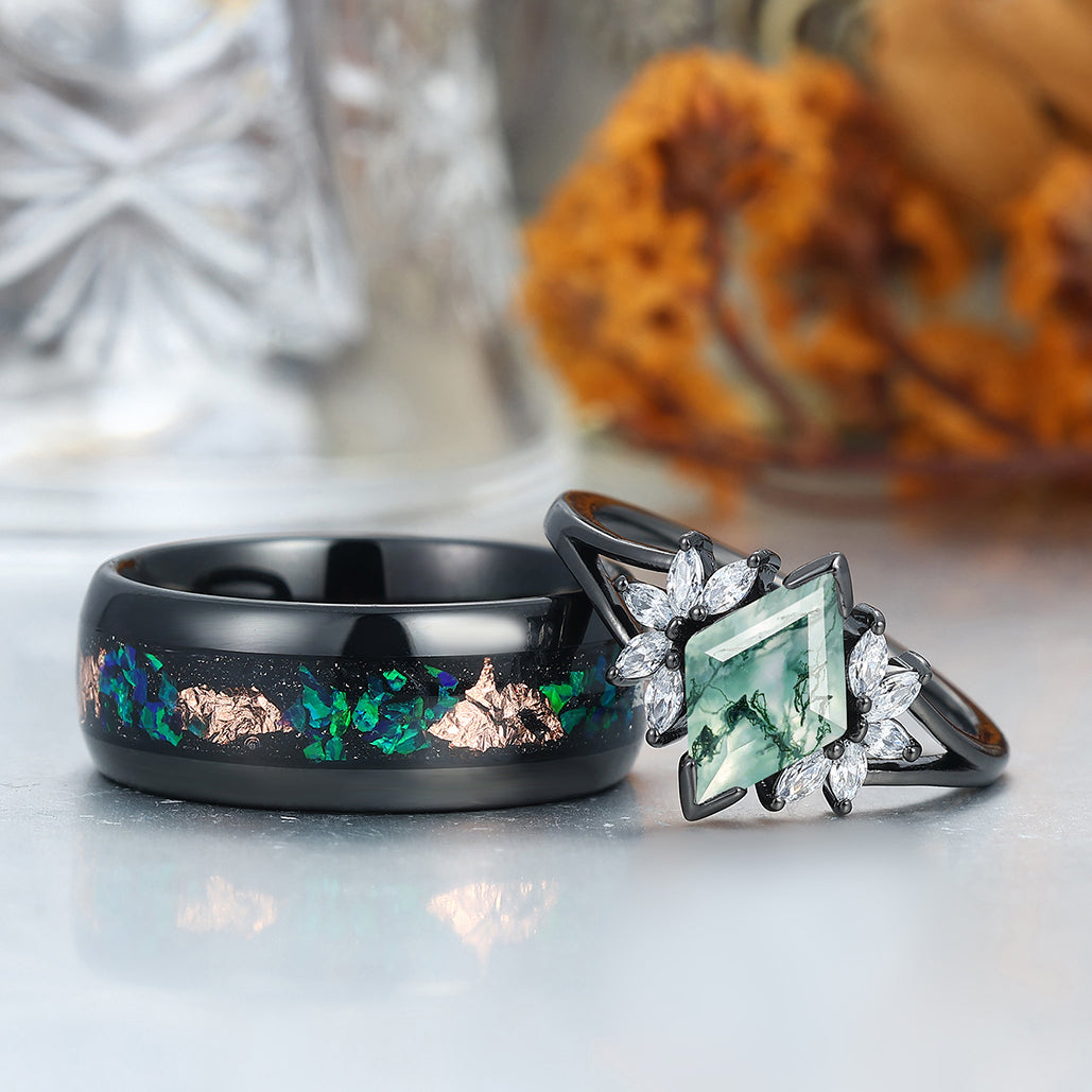 Romantic Moss Agate Engagement Couple Rings Set Promise Black Tungsten Wedding Ring Set