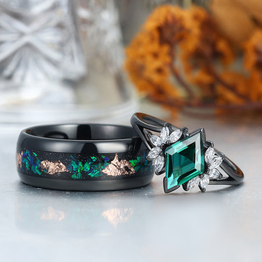 Romantic Emerald  Engagement Couple Rings Set Promise Black Tungsten Wedding Ring Set