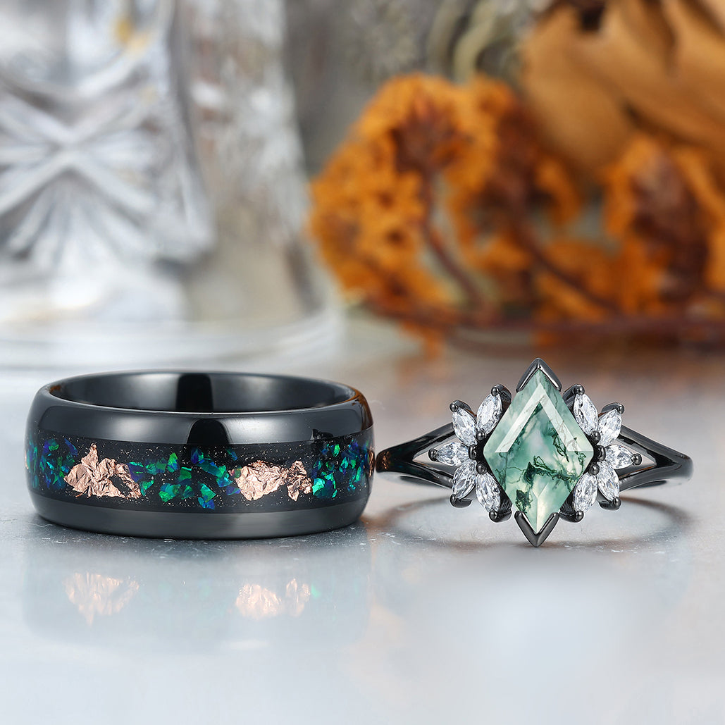 Romantic Moss Agate Engagement Couple Rings Set Promise Black Tungsten Wedding Ring Set
