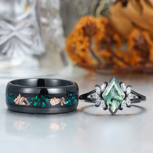 Romantic Moss Agate Engagement Couple Rings Set Promise Black Tungsten Wedding Ring Set