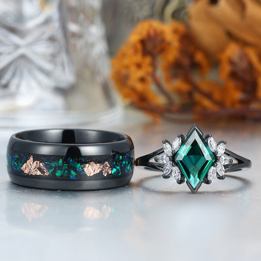 Romantic Emerald  Engagement Couple Rings Set Promise Black Tungsten Wedding Ring Set