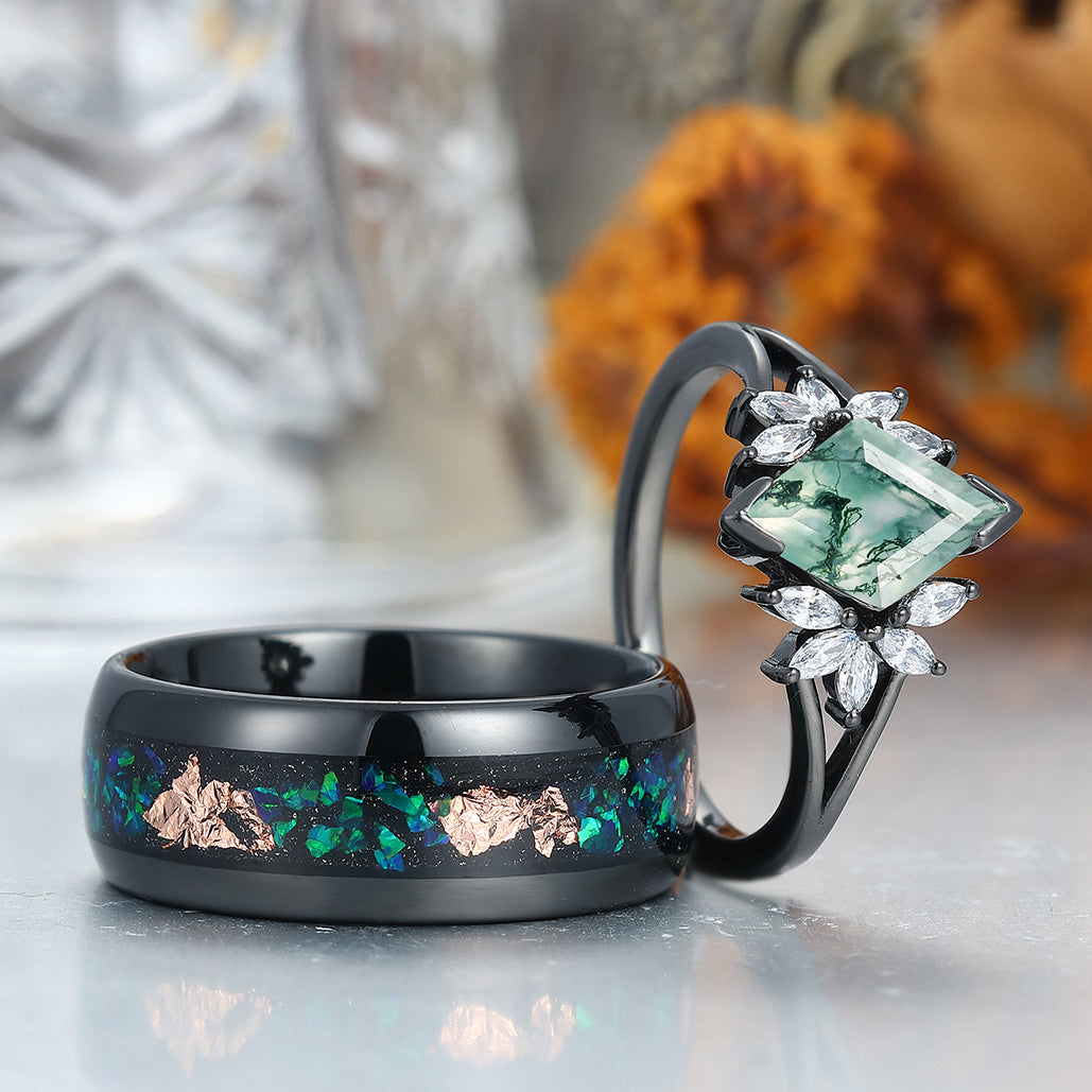 Romantic Moss Agate Engagement Couple Rings Set Promise Black Tungsten Wedding Ring Set