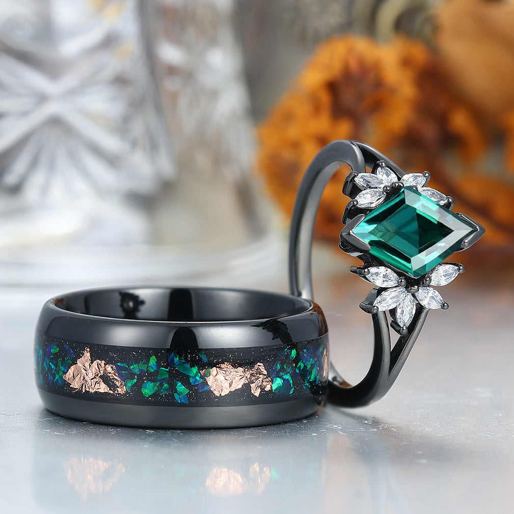 Romantic Emerald  Engagement Couple Rings Set Promise Black Tungsten Wedding Ring Set