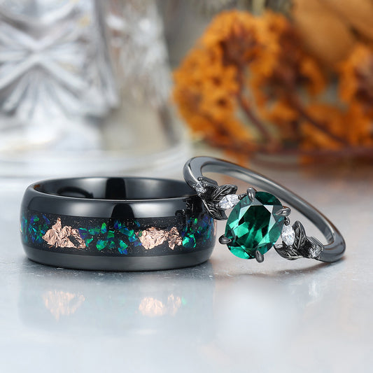 Noble Oval Cut Emerald Branches Leaves Couples Ring Set Green Tungsten Matching Ring