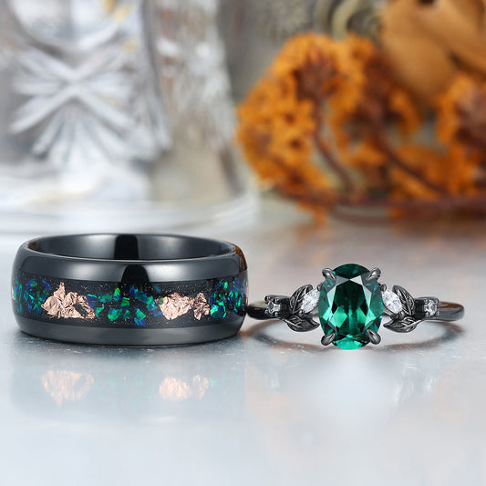 Noble Oval Cut Emerald Branches Leaves Couples Ring Set Green Tungsten Matching Ring