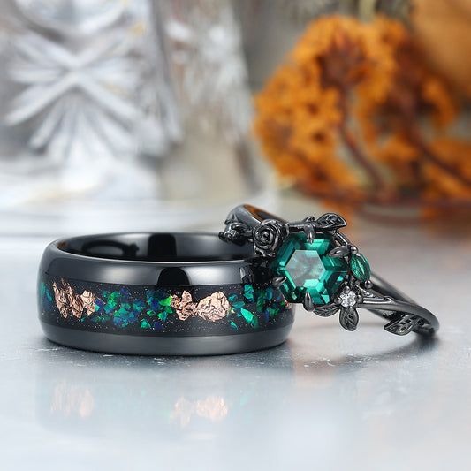Dainty Emerald Rose And Leaf Carved Engagement Couple Rings Wire Drawed Tungsten Band