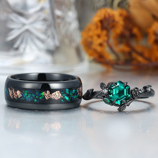 Dainty Emerald Rose And Leaf Carved Engagement Couple Rings Wire Drawed Tungsten Band