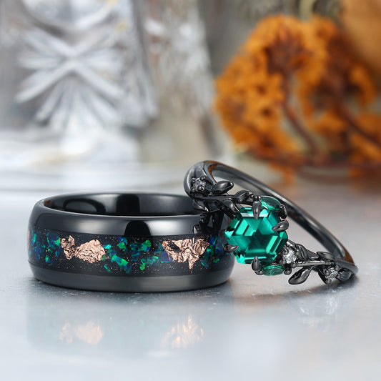 Unique Emerald Couples Ring Set Wood Matching Ring His and Hers Wedding Ring Set