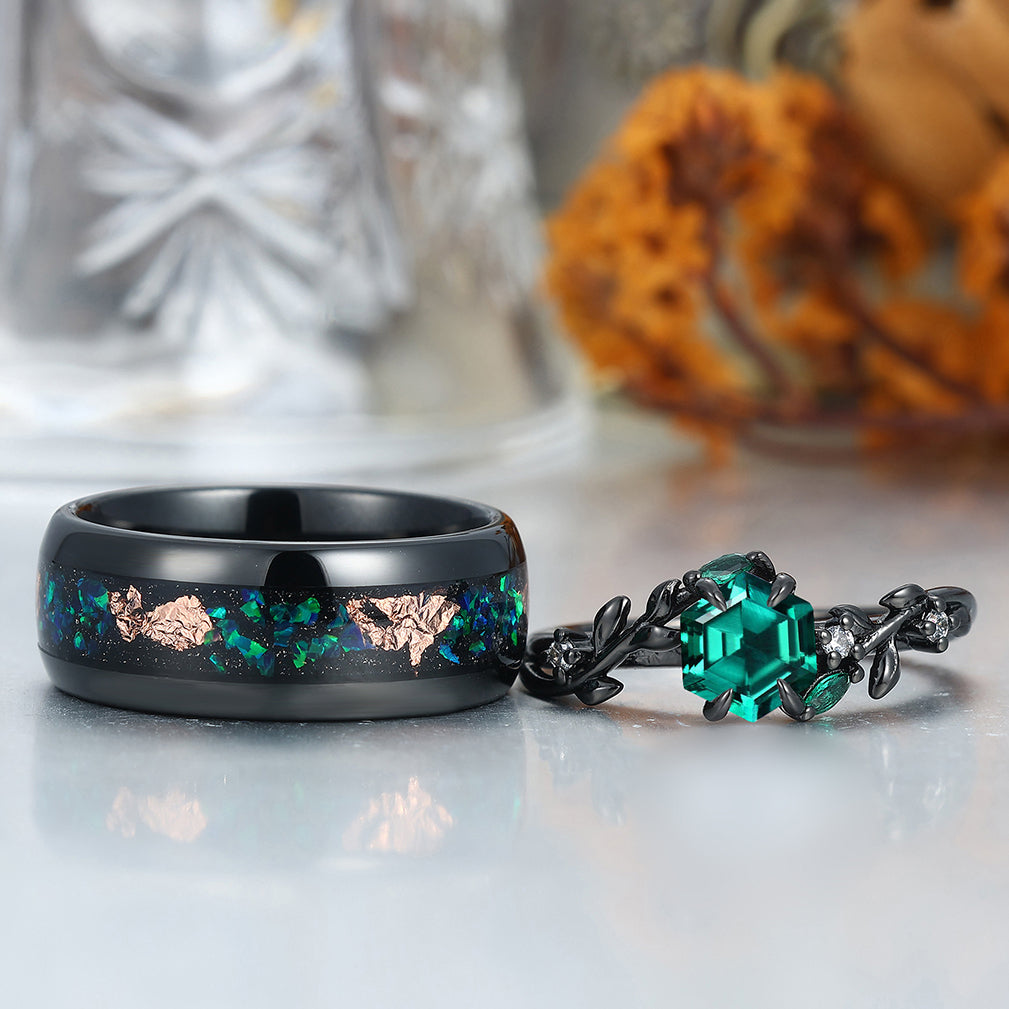 Unique Emerald Couples Ring Set Wood Matching Ring His and Hers Wedding Ring Set