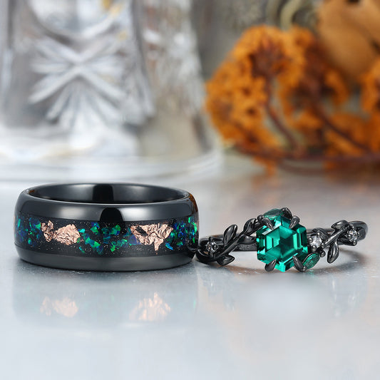 Unique Emerald Couples Ring Set Wood Matching Ring His and Hers Wedding Ring Set
