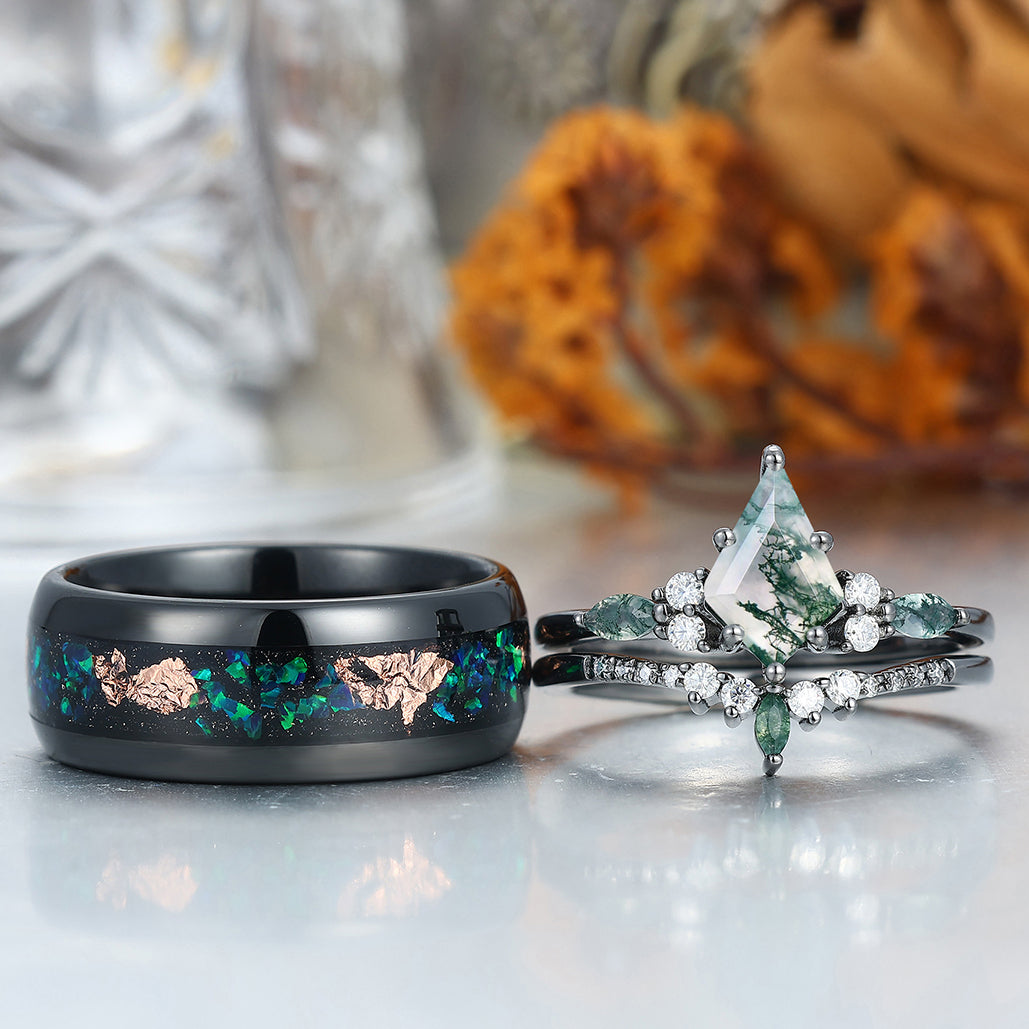 Vintage Kite Green Moss Agate Ring Couples Ring Set Sliver His and Hers Wedding Band