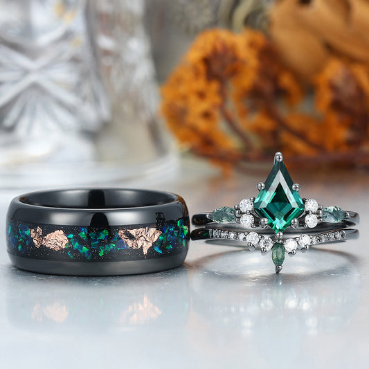Vintage Kite  Emerald Ring Couples Ring Set Sliver His and Hers Wedding Band