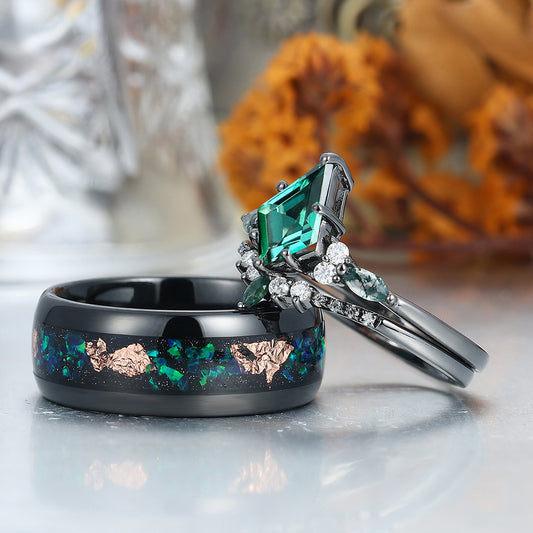 Vintage Kite  Emerald Ring Couples Ring Set Sliver His and Hers Wedding Band