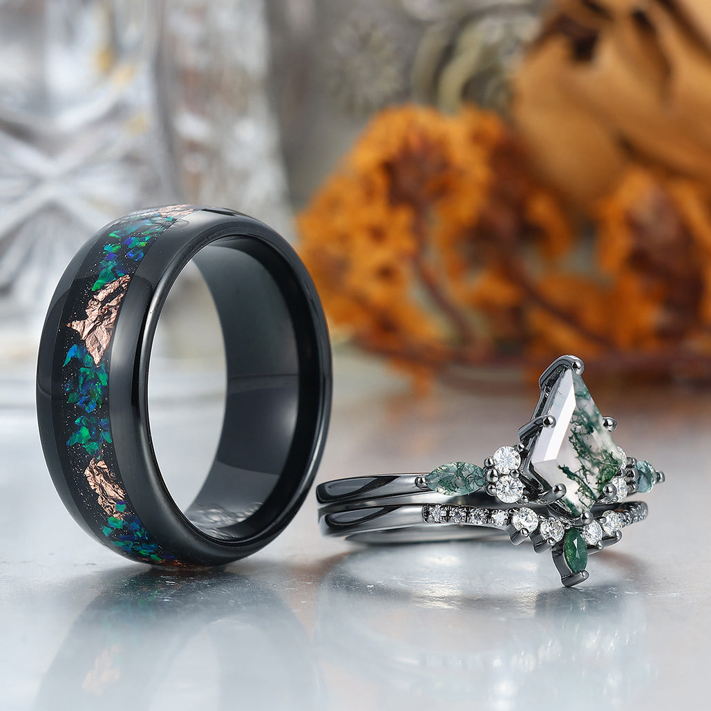 Vintage Kite Green Moss Agate Ring Couples Ring Set Sliver His and Hers Wedding Band