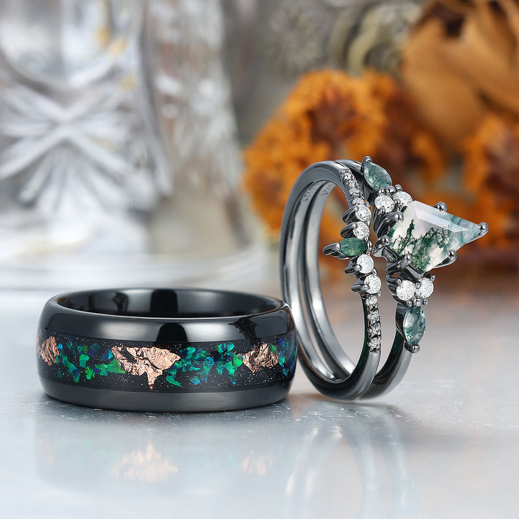 Vintage Kite Green Moss Agate Ring Couples Ring Set Sliver His and Hers Wedding Band