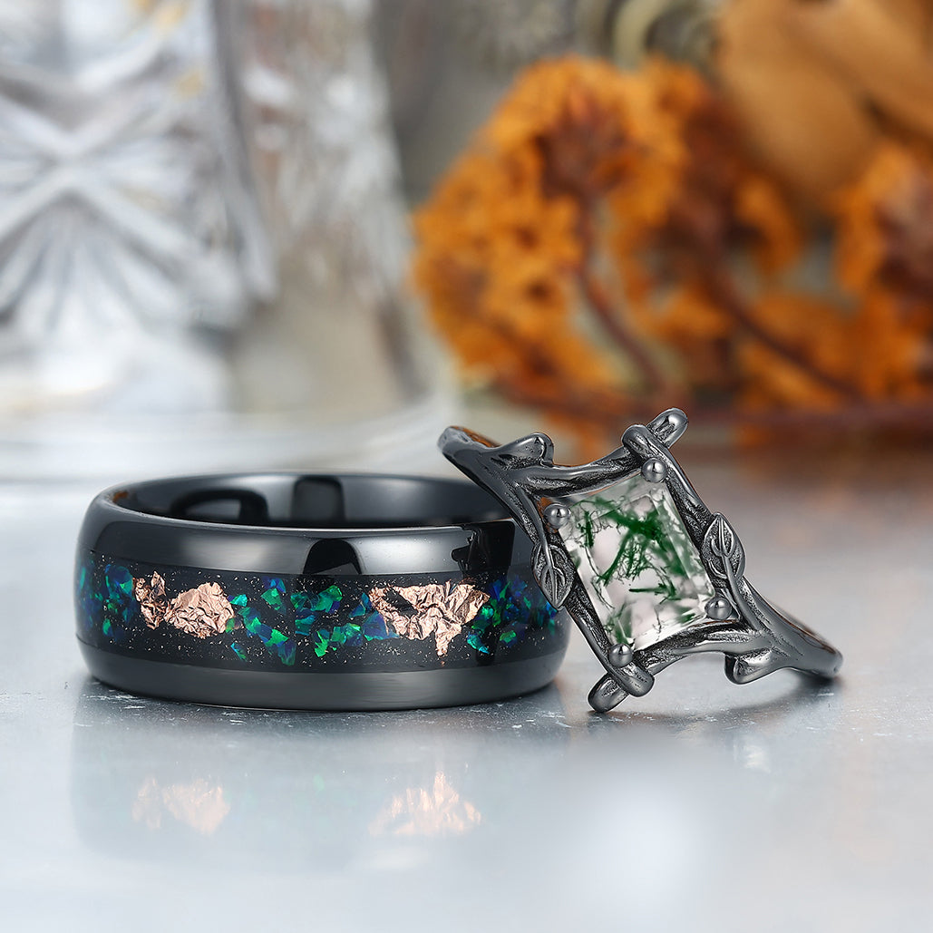 Branches Natural Moss Agate Rings For Couples Matching Promise Peacock Green Opal Tungsten Ring