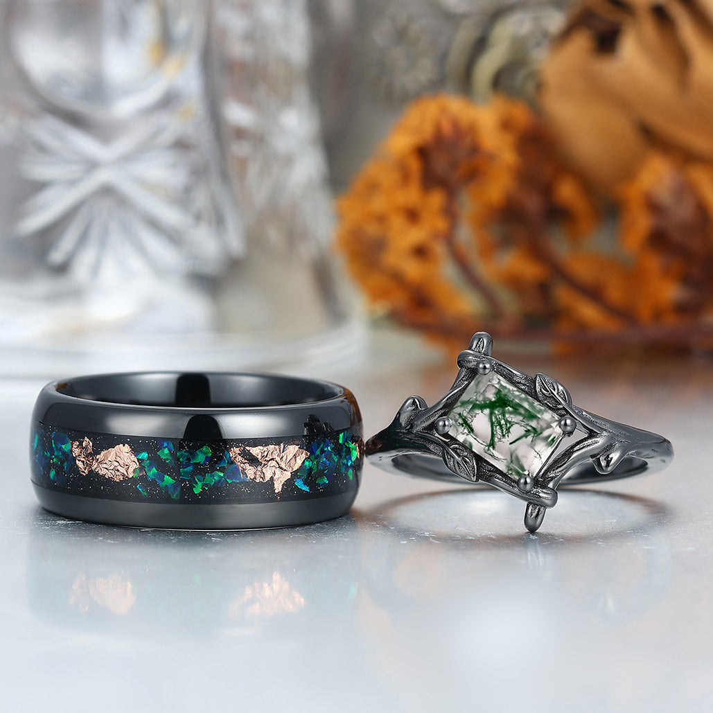 Branches Natural Moss Agate Rings For Couples Matching Promise Peacock Green Opal Tungsten Ring