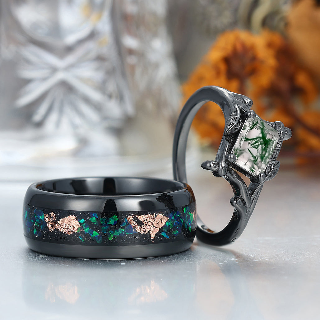 Branches Natural Moss Agate Rings For Couples Matching Promise Peacock Green Opal Tungsten Ring