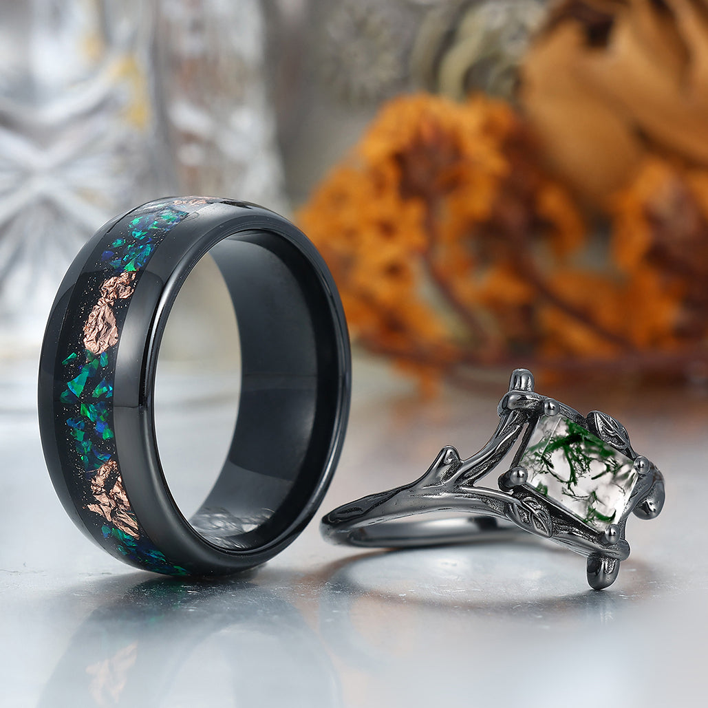Branches Natural Moss Agate Rings For Couples Matching Promise Peacock Green Opal Tungsten Ring