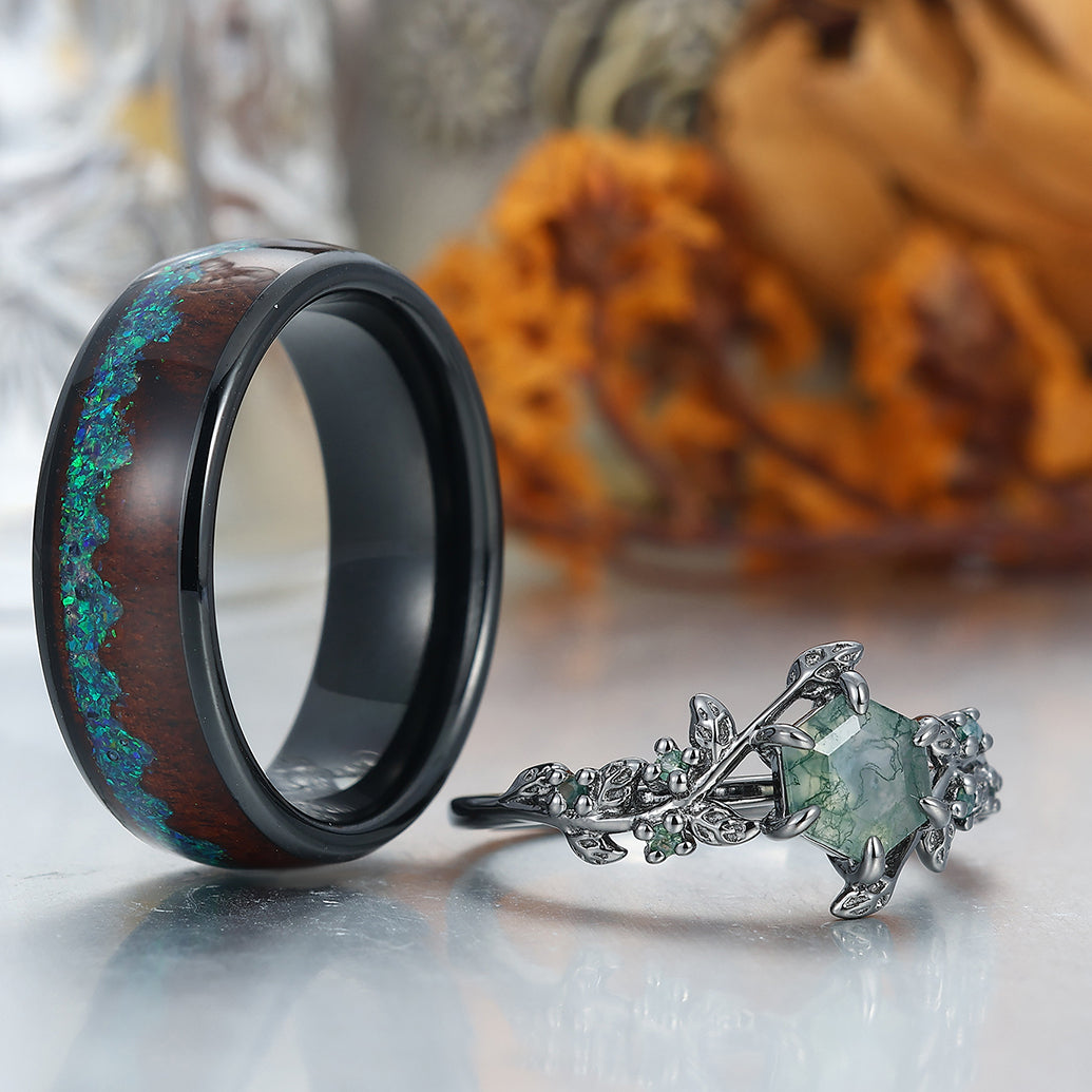 Moss Agate Sprigs Engagement Couple Rings Wood Inlay Tungsten Matching Wedding Rings