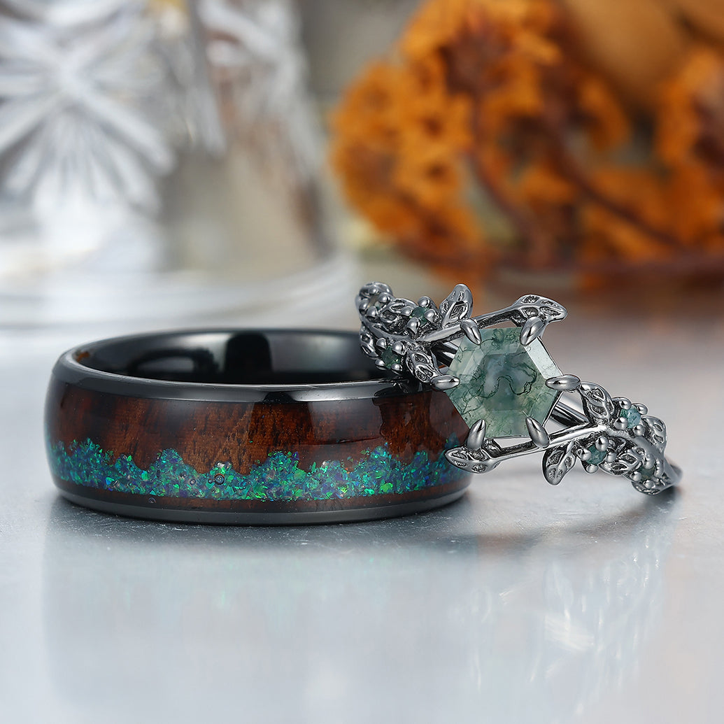 Moss Agate Sprigs Engagement Couple Rings Wood Inlay Tungsten Matching Wedding Rings