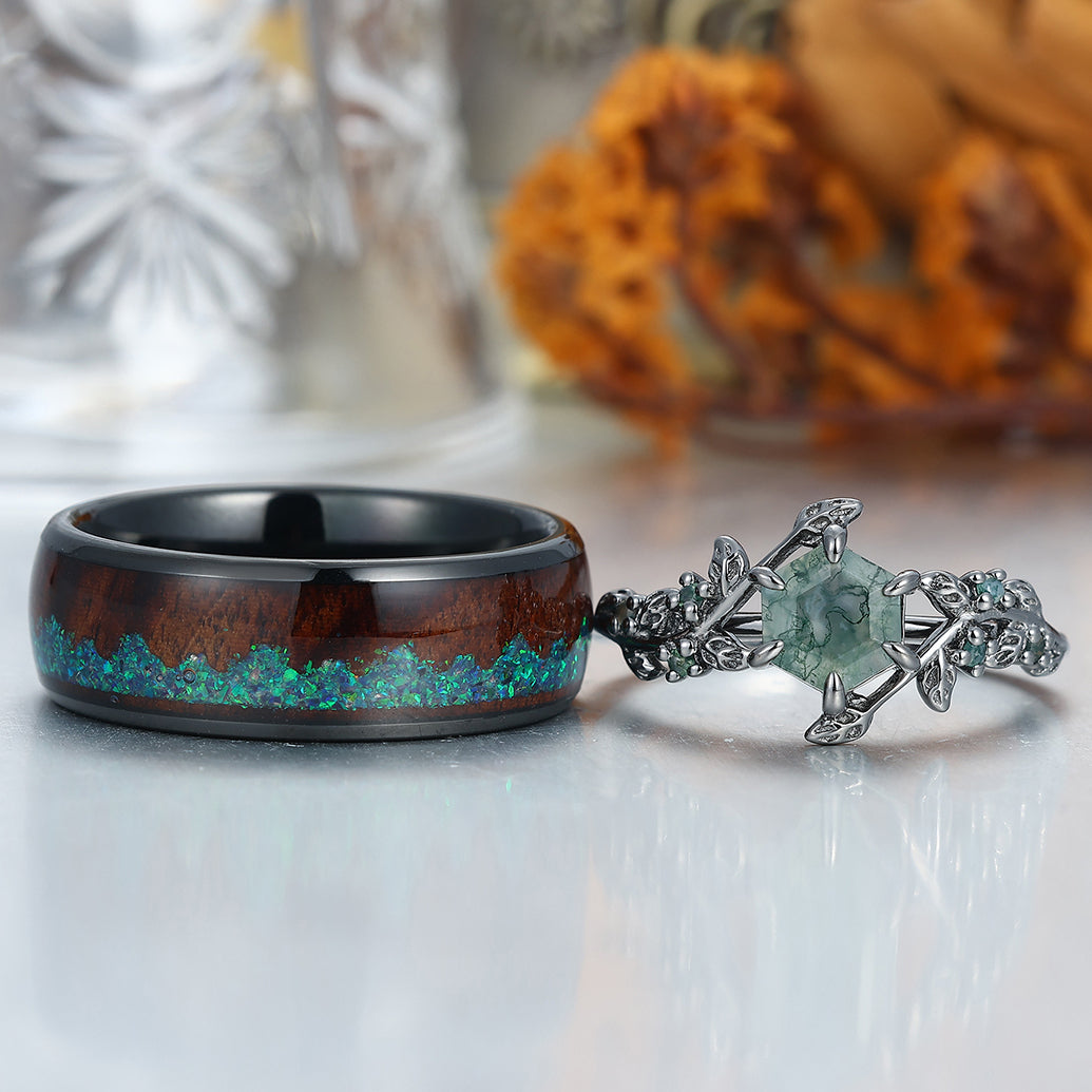 Moss Agate Sprigs Engagement Couple Rings Wood Inlay Tungsten Matching Wedding Rings