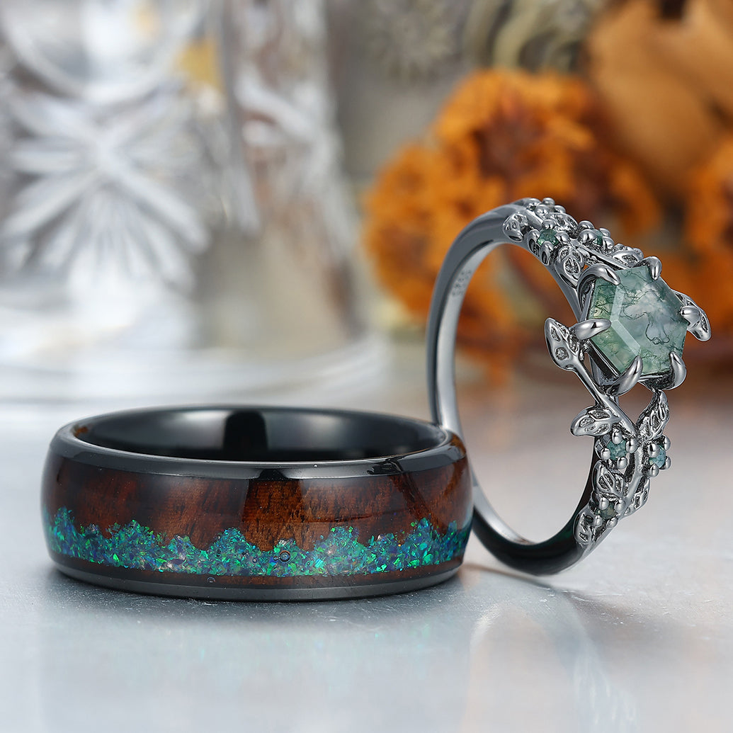 Moss Agate Sprigs Engagement Couple Rings Wood Inlay Tungsten Matching Wedding Rings