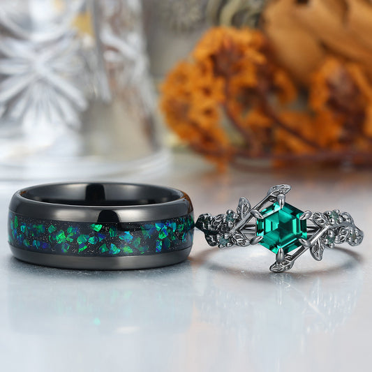 Brilliant Hexagon Cut Emerald Engagement Leaf Ring Set S925 And Tungsten Matching Ring