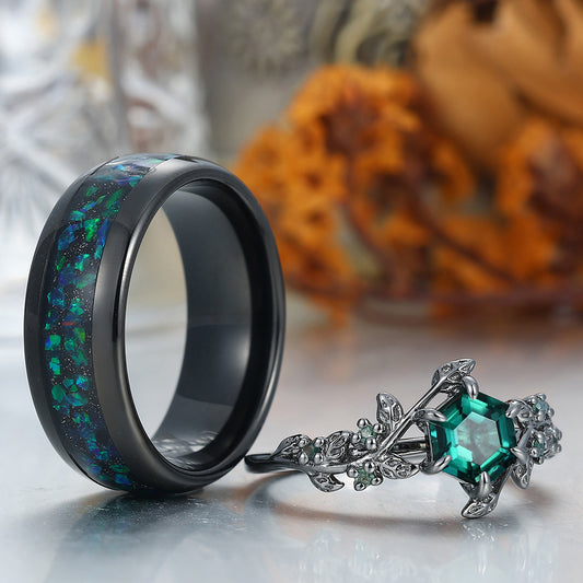 Brilliant Hexagon Cut Emerald Engagement Leaf Ring Set S925 And Tungsten Matching Ring