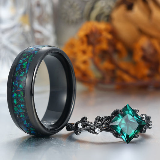 Interlaced Leaf Branches Emerald Engagement Rings For Couples Matching Green Tungsten Wedding Bands