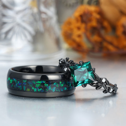 Interlaced Leaf Branches Emerald Engagement Rings For Couples Matching Green Tungsten Wedding Bands