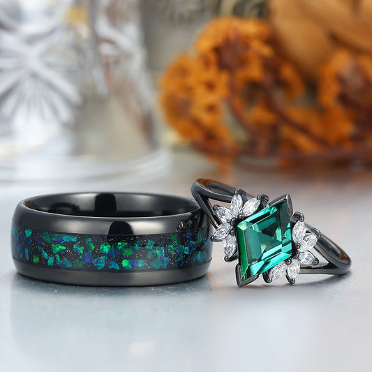 Romantic Emerald Petal Engagement Couple Rings Promise Black Tungsten Wedding Band