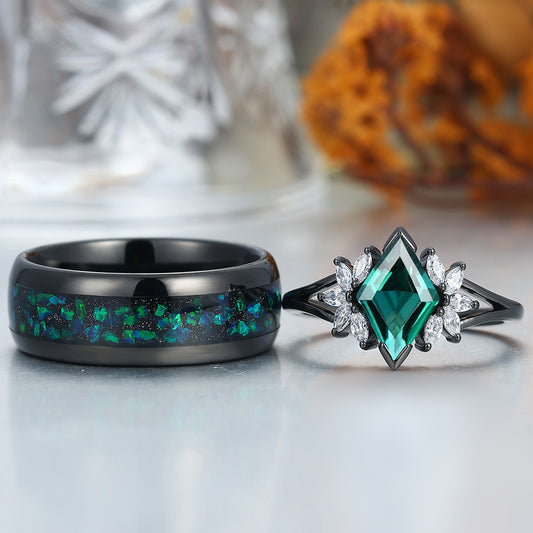 Romantic Emerald Petal Engagement Couple Rings Promise Black Tungsten Wedding Band