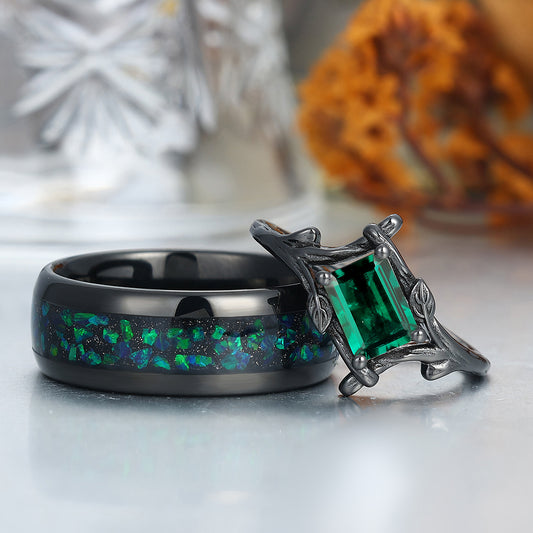 Solitaire Emerald Branch Engagement Couple Rings Matching Tungsten Marriage Ring