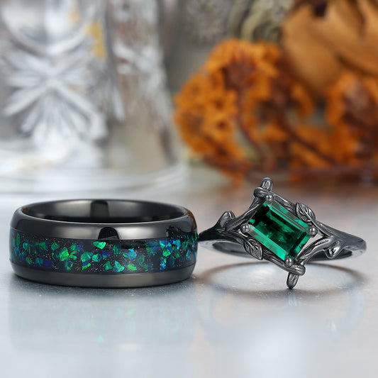 Solitaire Emerald Branch Engagement Couple Rings Matching Tungsten Marriage Ring