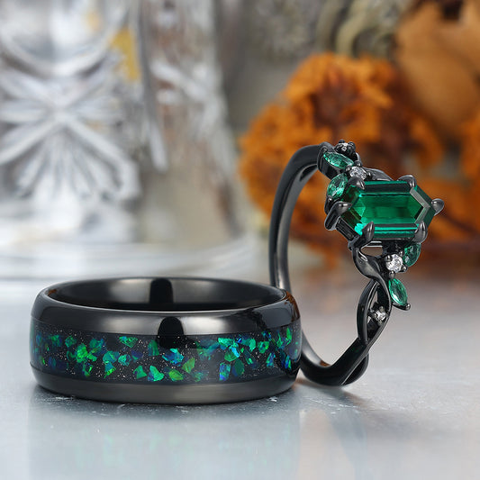 Personalized Emerald Blade Hollow Engagement Couple Rings Colorful Tungsten Wedding Band