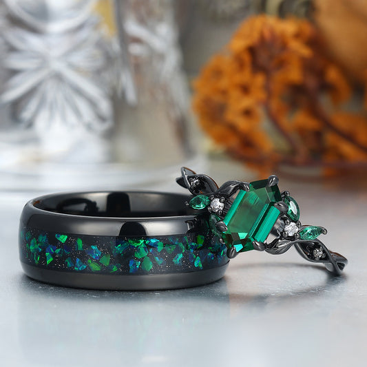 Personalized Emerald Blade Hollow Engagement Couple Rings Colorful Tungsten Wedding Band