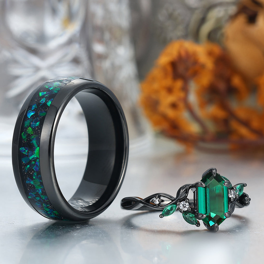 Personalized Emerald Blade Hollow Engagement Couple Rings Colorful Tungsten Wedding Band