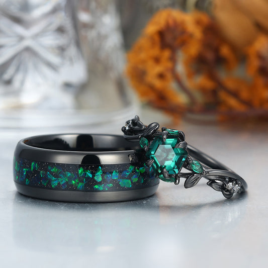 Dainty Emerald Sprigs Engagement Couple Rings Set Promise Green Tungsten Matching Rings