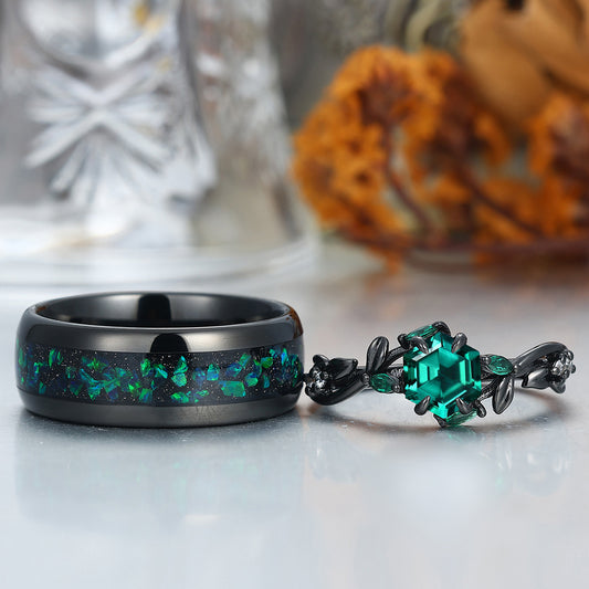 Dainty Emerald Sprigs Engagement Couple Rings Set Promise Green Tungsten Matching Rings