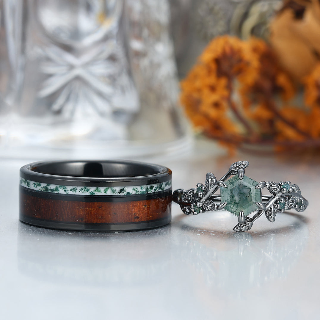 Moss Agate Sprigs Engagement Couple Rings Wood Tungsten Matching Wedding Rings