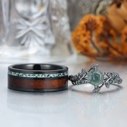 Moss Agate Sprigs Engagement Couple Rings Wood Tungsten Matching Wedding Rings